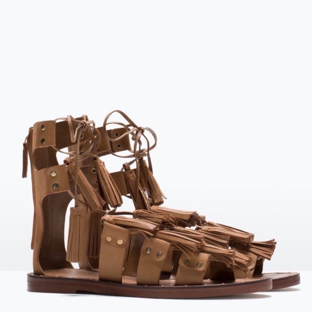 Zara Tassel Leather Roman Gladiator Sandals Size 39 March 2026
